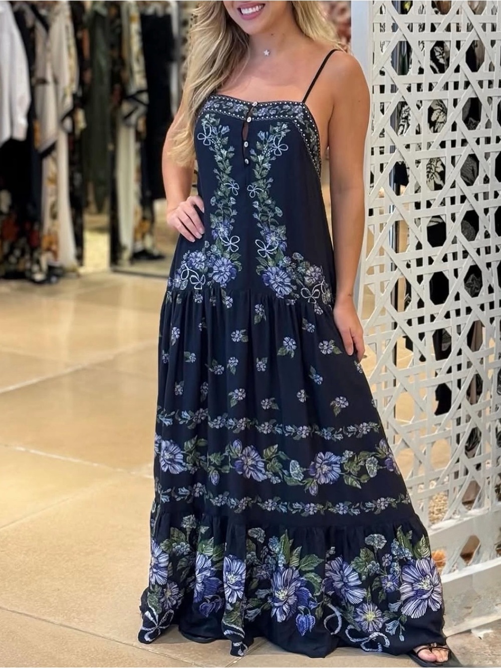 FARM Rio Black Maxi Dress Floral Embroidery Dize M